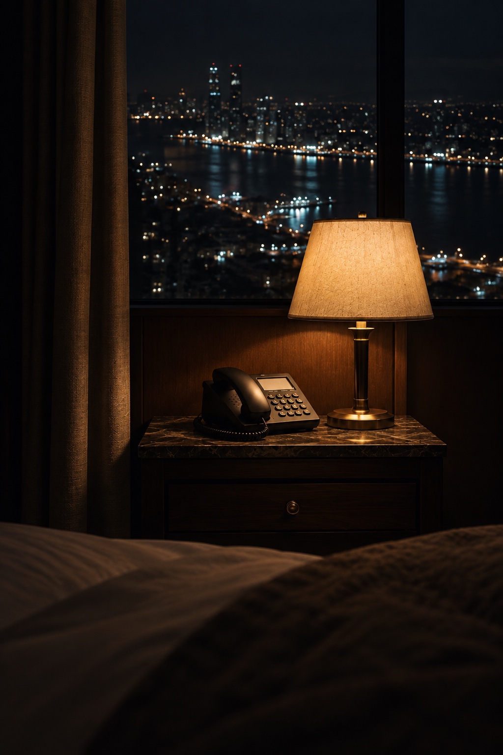 A lamp-lit hotel nightstand with a telephone, city lights beyond the window